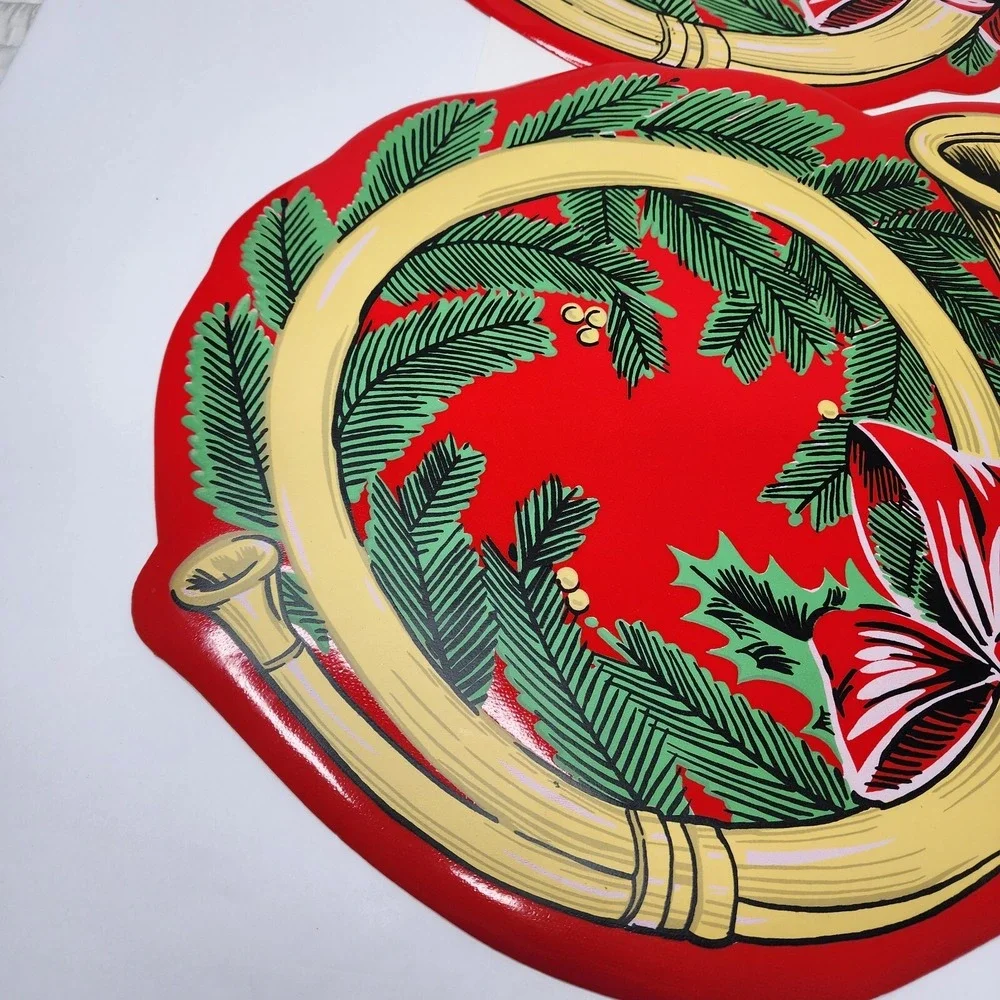 Town & Country Vinyl 1980s Christmas Table Placemats 14 X 18 Red French Horn EC